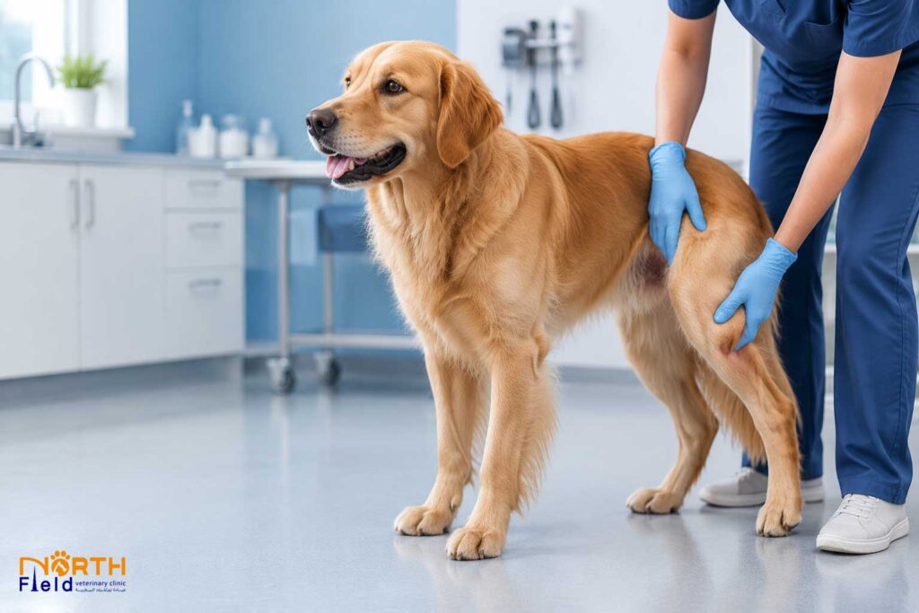 Dog with hind limb lameness undergoing an orthopedic examination