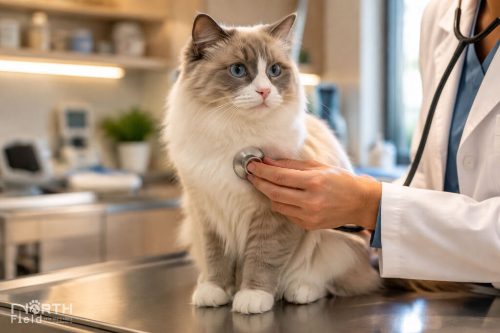 Hypertrophic Cardiomyopathy (HCM) in Cats 1 Veterinarian performing a cardiac examination - Hypertrophic Cardiomyopathy (HCM) in Cats