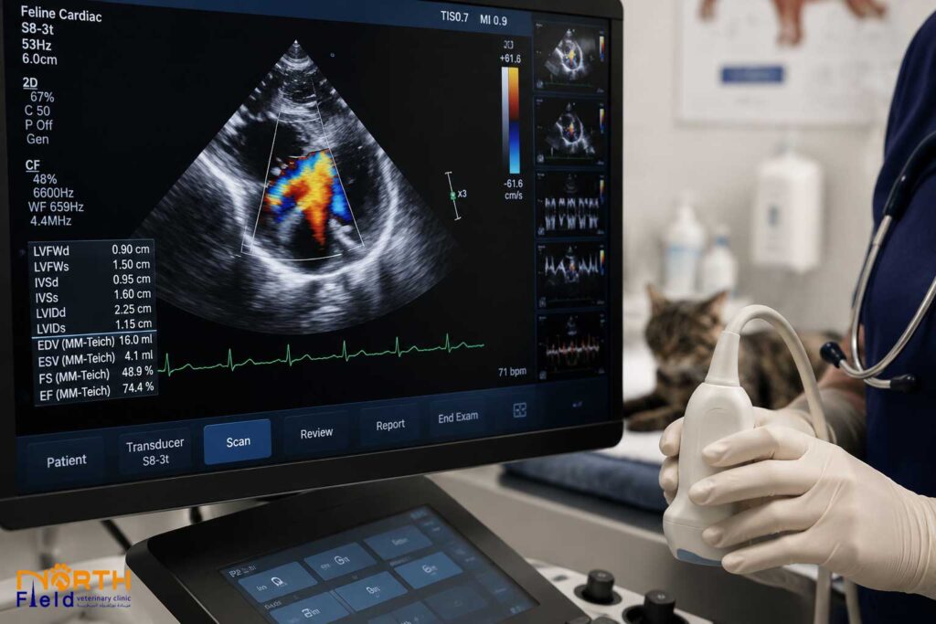 Hypertrophic Cardiomyopathy (HCM) in Cats 2 Echocardiogram showing thickened left ventricular walls in feline hypertrophic cardiomyopathy