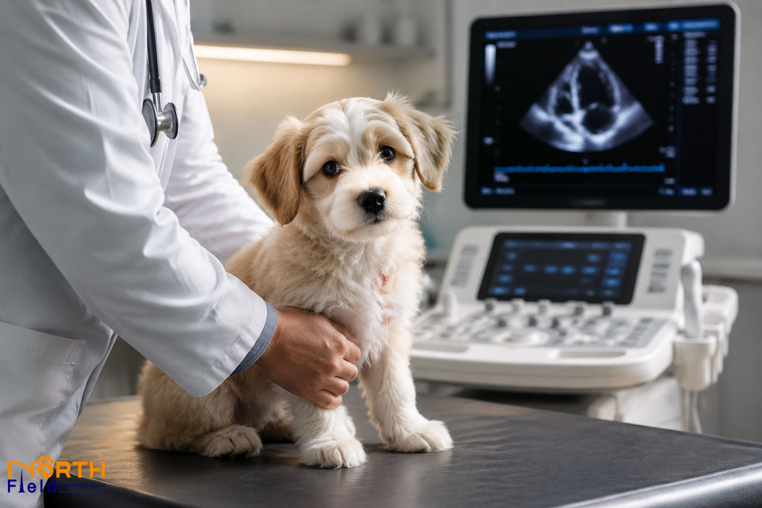 Veterinarian examining a puppy for congenital heart disease in dogs